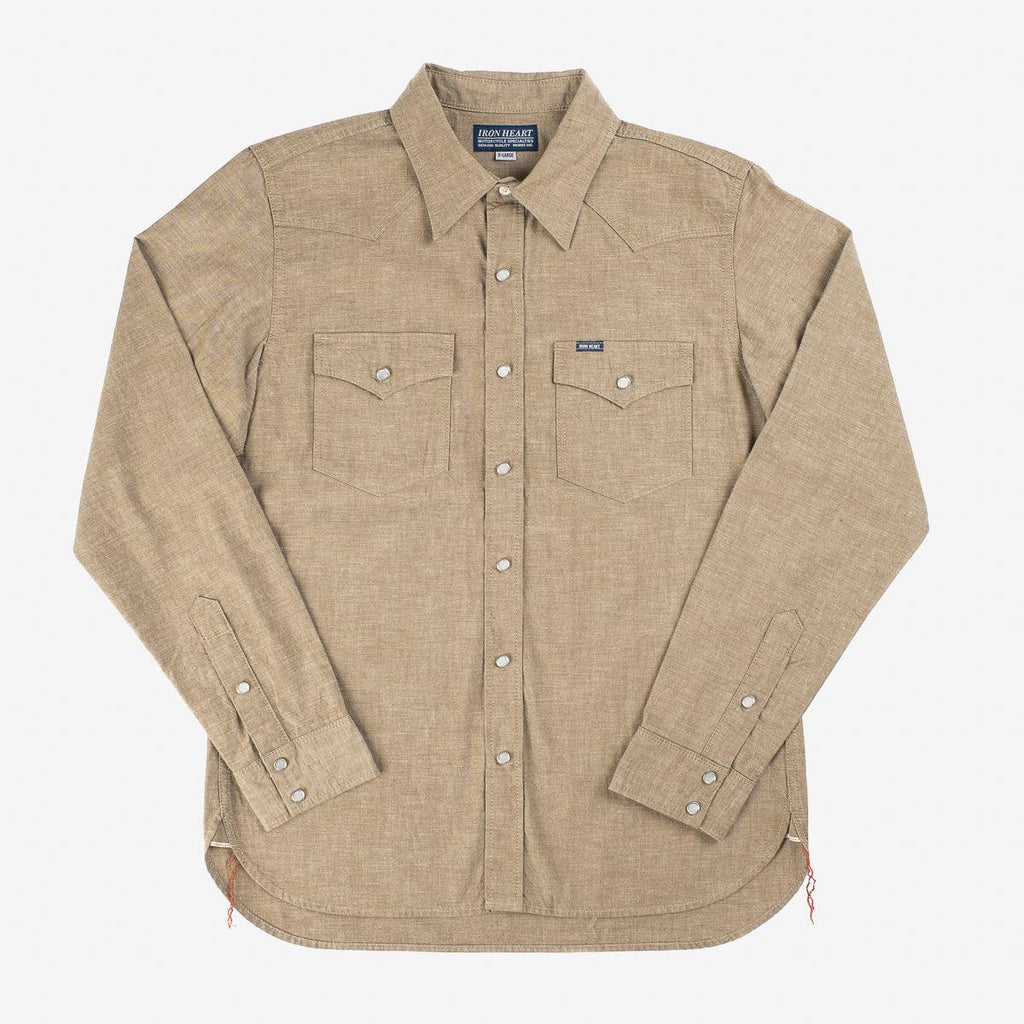 Image showing the IHSH-315-KHA - Selvedge Chambray Western Shirt Khaki which is a Shirts described by the following info IHSALE_M23, Iron Heart, Released, Shirts, Tops and sold on the IRON HEART GERMANY online store