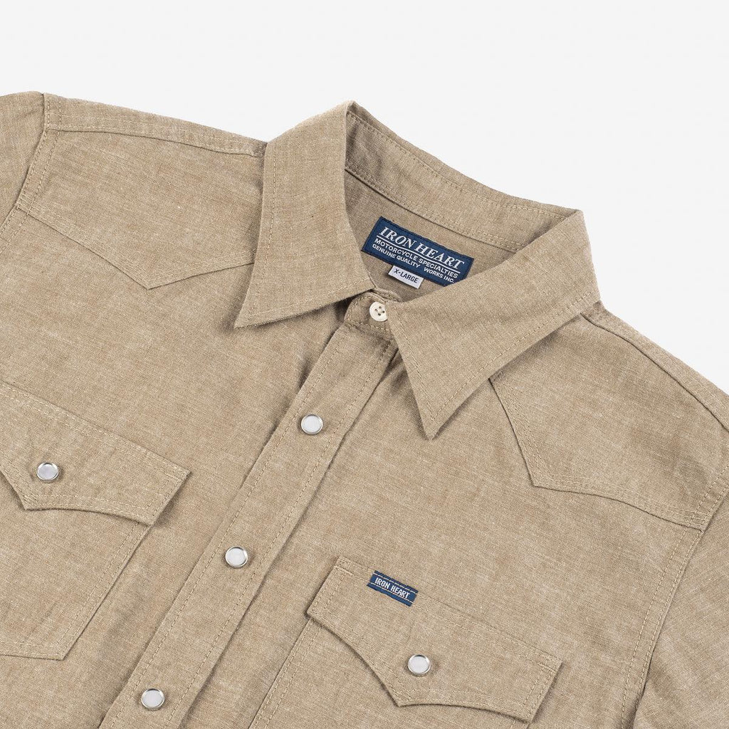 Image showing the IHSH-315-KHA - Selvedge Chambray Western Shirt Khaki which is a Shirts described by the following info IHSALE_M23, Iron Heart, Released, Shirts, Tops and sold on the IRON HEART GERMANY online store