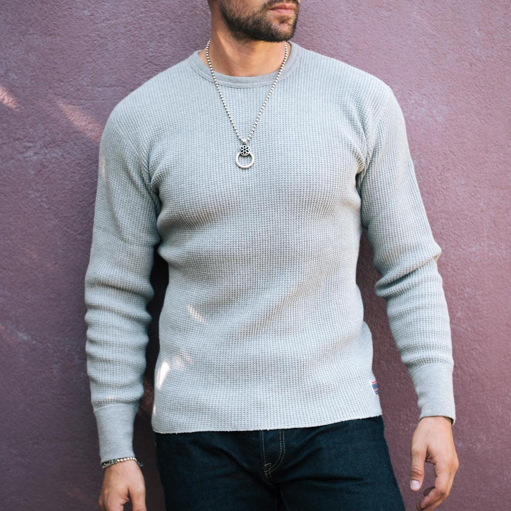 Image showing the IHTL-1301-GRY - Waffle Knit Long Sleeved Crew Neck Thermal Top - Grey which is a T-Shirts described by the following info Back In, IHSALE_M23, Iron Heart, Released, T-Shirts, Tops and sold on the IRON HEART GERMANY online store