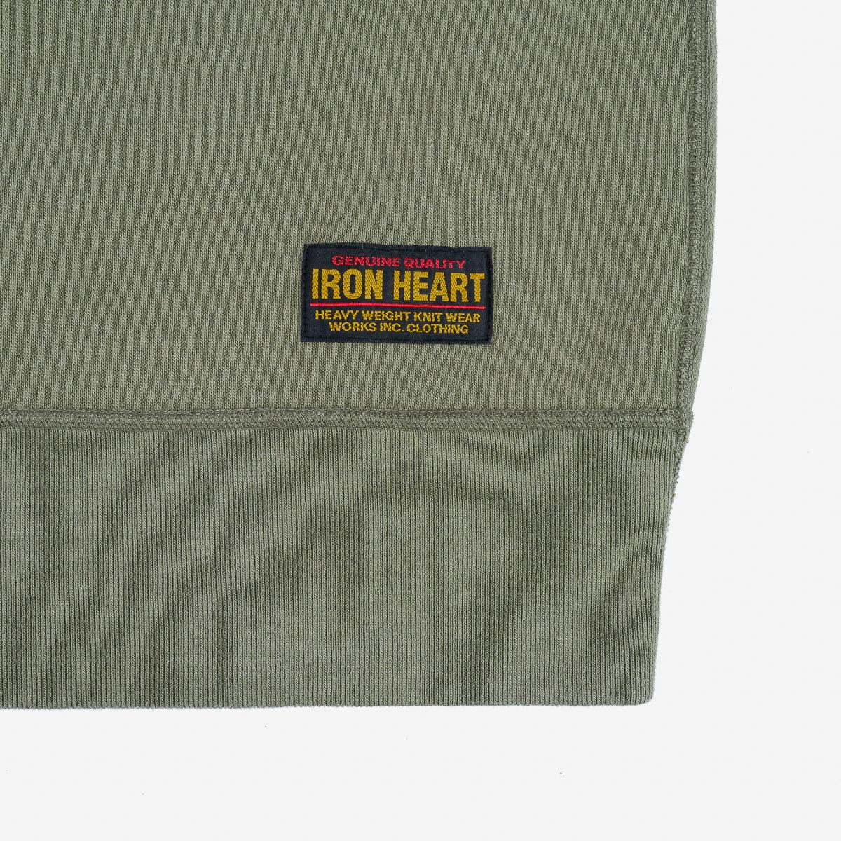 Image showing the IHSW-69L-OLV - 14oz Ultra Heavyweight Loopwheel Cotton Crew Neck Sweat - Olive which is a Sweatshirts described by the following info IHSALE_M23, Iron Heart, Released, Sweatshirts, Tops and sold on the IRON HEART GERMANY online store