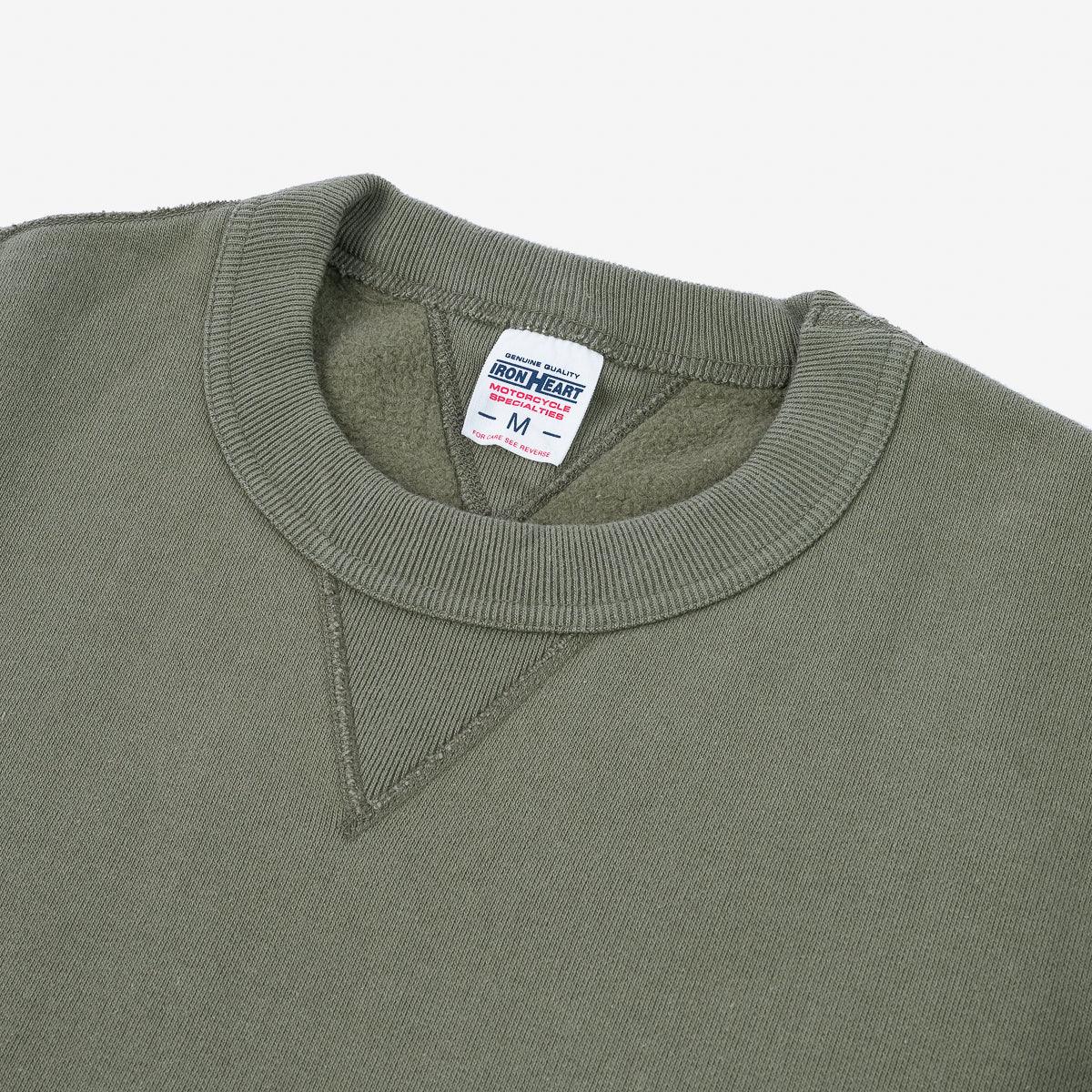 Image showing the IHSW-69L-OLV - 14oz Ultra Heavyweight Loopwheel Cotton Crew Neck Sweat - Olive which is a Sweatshirts described by the following info IHSALE_M23, Iron Heart, Released, Sweatshirts, Tops and sold on the IRON HEART GERMANY online store