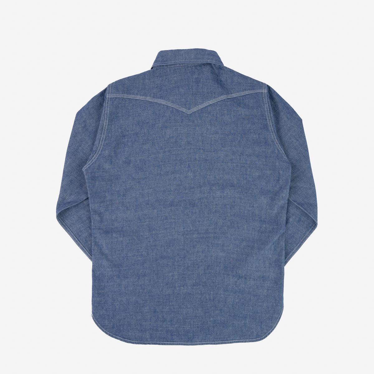Image showing the IHSH-13-BLU - 10oz Selvedge Chambray Single Yoke Western Shirt - Blue which is a Shirts described by the following info Back In, Iron Heart, Released, Shirts, Tops and sold on the IRON HEART GERMANY online store
