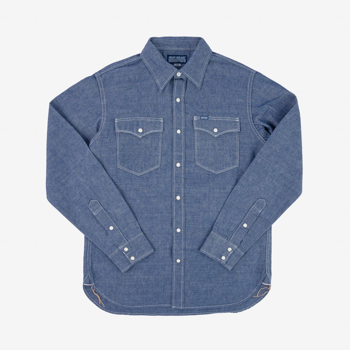 Image showing the IHSH-13-BLU - 10oz Selvedge Chambray Single Yoke Western Shirt - Blue which is a Shirts described by the following info Back In, Iron Heart, Released, Shirts, Tops and sold on the IRON HEART GERMANY online store