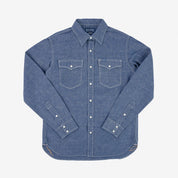 Image showing the IHSH-13-BLU - 10oz Selvedge Chambray Single Yoke Western Shirt - Blue which is a Shirts described by the following info Back In, Iron Heart, Released, Shirts, Tops and sold on the IRON HEART GERMANY online store