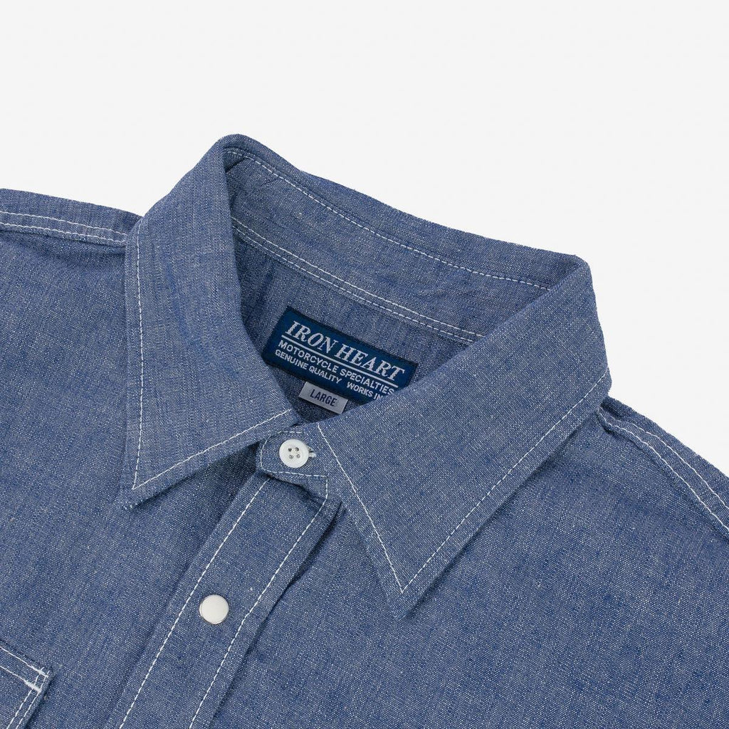 Image showing the IHSH-13-BLU - 10oz Selvedge Chambray Single Yoke Western Shirt - Blue which is a Shirts described by the following info Back In, Iron Heart, Released, Shirts, Tops and sold on the IRON HEART GERMANY online store