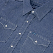 Image showing the IHSH-13-BLU - 10oz Selvedge Chambray Single Yoke Western Shirt - Blue which is a Shirts described by the following info Back In, Iron Heart, Released, Shirts, Tops and sold on the IRON HEART GERMANY online store