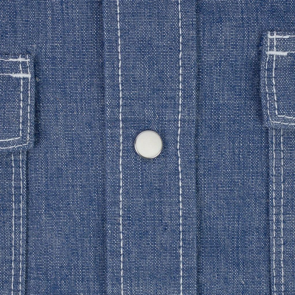 Image showing the IHSH-13-BLU - 10oz Selvedge Chambray Single Yoke Western Shirt - Blue which is a Shirts described by the following info Back In, Iron Heart, Released, Shirts, Tops and sold on the IRON HEART GERMANY online store
