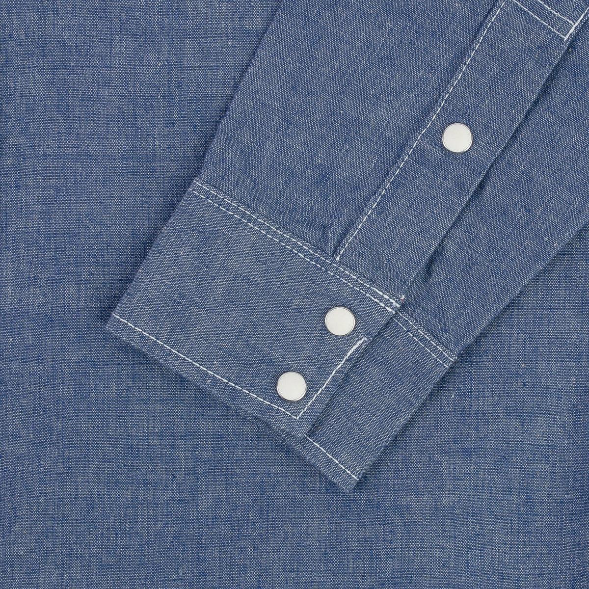 Image showing the IHSH-13-BLU - 10oz Selvedge Chambray Single Yoke Western Shirt - Blue which is a Shirts described by the following info Back In, Iron Heart, Released, Shirts, Tops and sold on the IRON HEART GERMANY online store