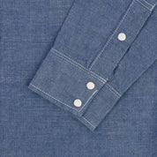 Image showing the IHSH-13-BLU - 10oz Selvedge Chambray Single Yoke Western Shirt - Blue which is a Shirts described by the following info Back In, Iron Heart, Released, Shirts, Tops and sold on the IRON HEART GERMANY online store