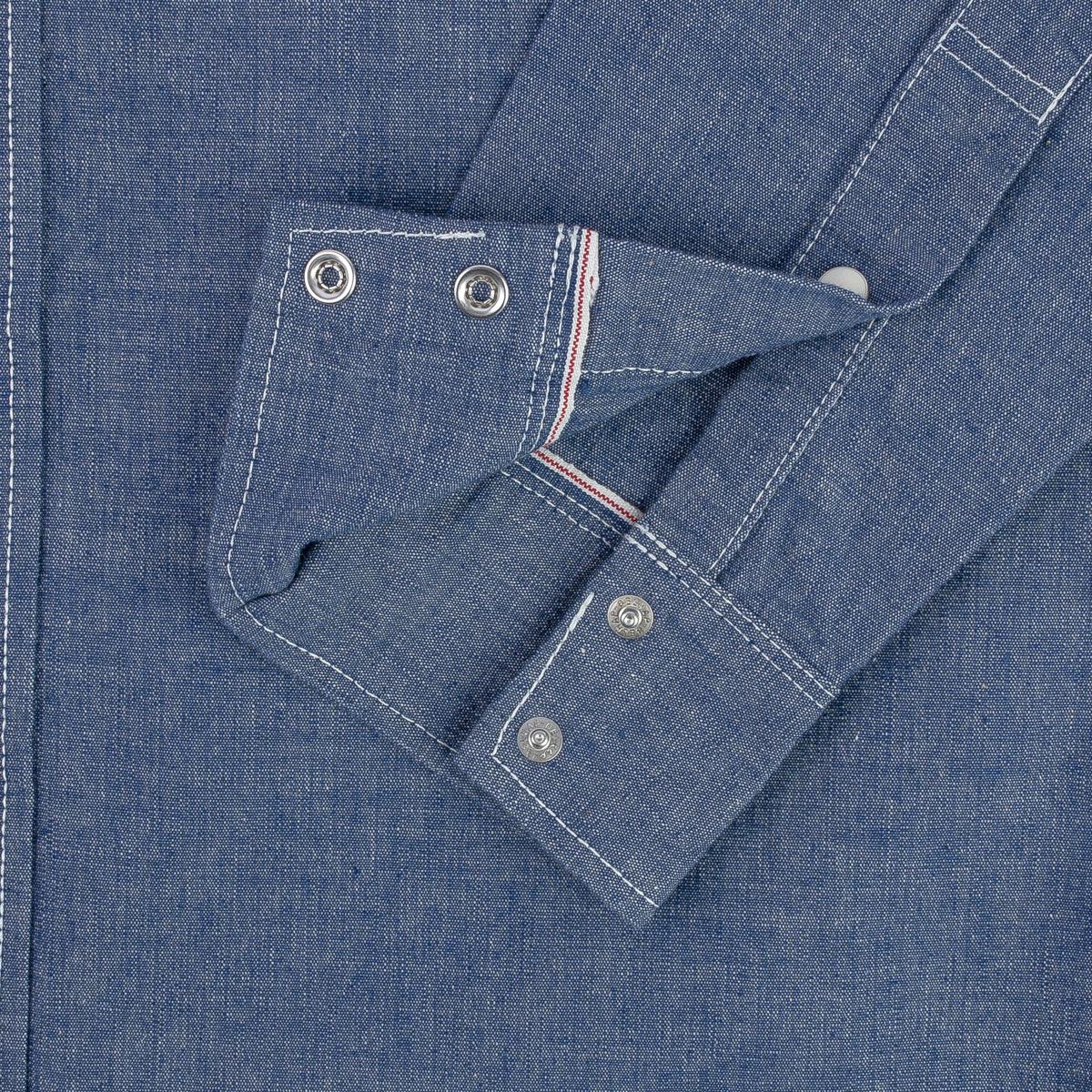 Image showing the IHSH-13-BLU - 10oz Selvedge Chambray Single Yoke Western Shirt - Blue which is a Shirts described by the following info Back In, Iron Heart, Released, Shirts, Tops and sold on the IRON HEART GERMANY online store