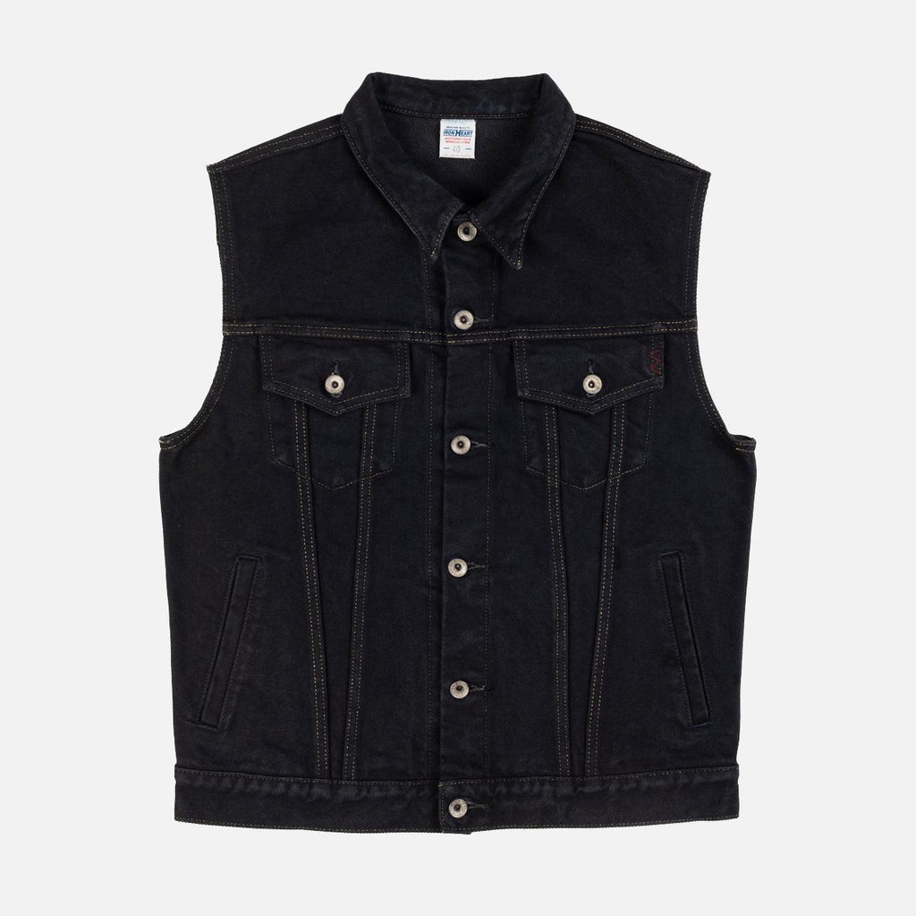 Image showing the IH-526SVod - 21oz Selvedge Denim Modified Type III Vest Overdyed Black which is a Vests described by the following info IHSALE_M23, Iron Heart, Released, Tops, Vests and sold on the IRON HEART GERMANY online store