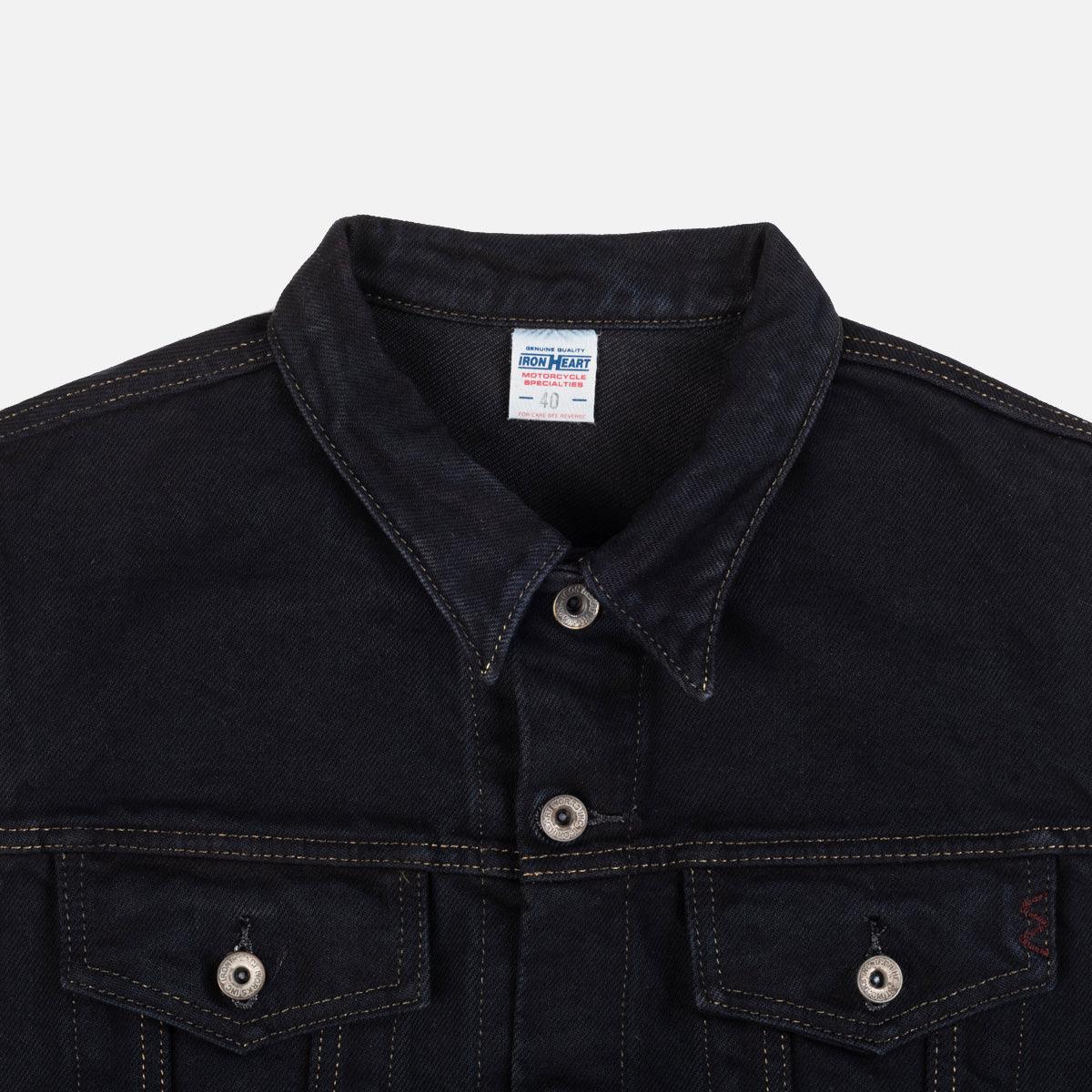 Image showing the IH-526SVod - 21oz Selvedge Denim Modified Type III Vest Overdyed Black which is a Vests described by the following info IHSALE_M23, Iron Heart, Released, Tops, Vests and sold on the IRON HEART GERMANY online store