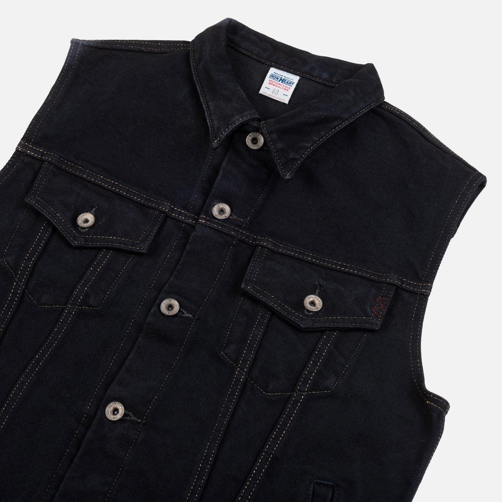 Image showing the IH-526SVod - 21oz Selvedge Denim Modified Type III Vest Overdyed Black which is a Vests described by the following info IHSALE_M23, Iron Heart, Released, Tops, Vests and sold on the IRON HEART GERMANY online store