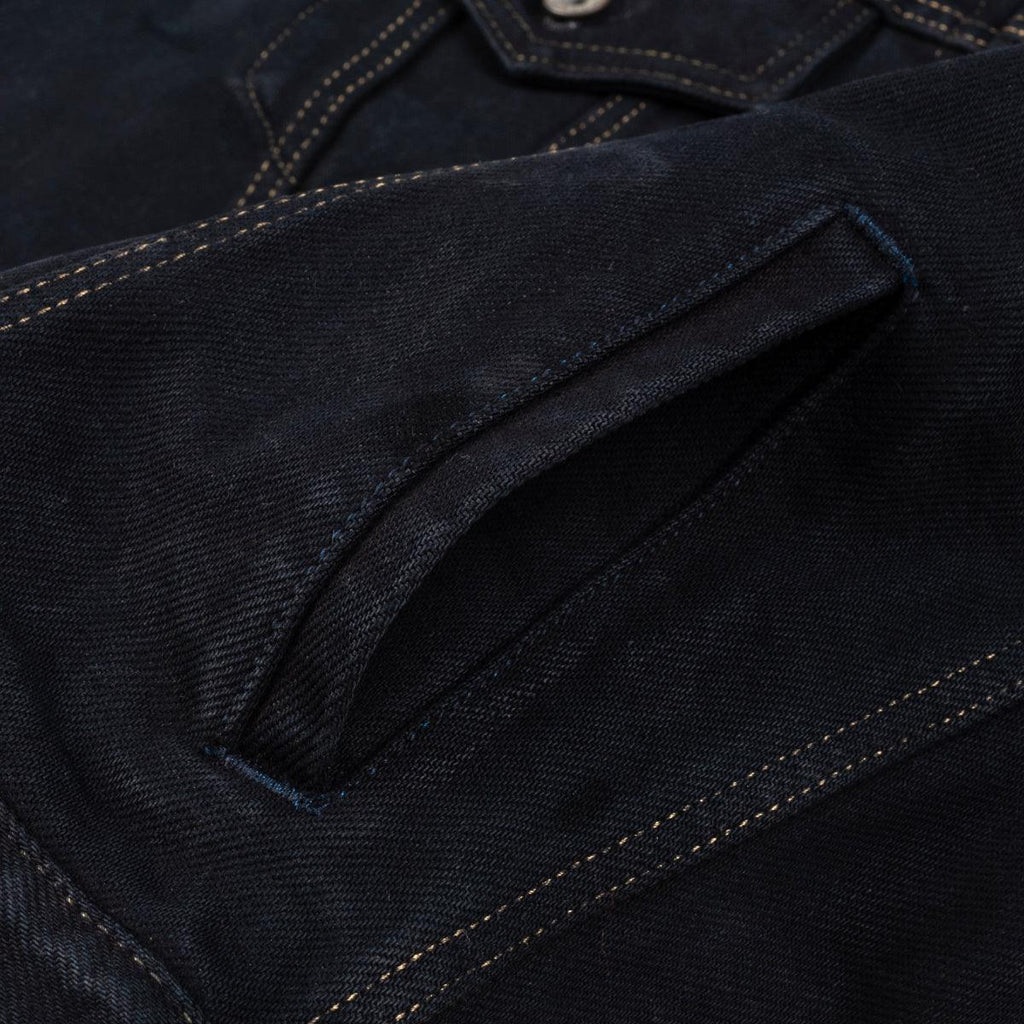 Image showing the IH-526SVod - 21oz Selvedge Denim Modified Type III Vest Overdyed Black which is a Vests described by the following info IHSALE_M23, Iron Heart, Released, Tops, Vests and sold on the IRON HEART GERMANY online store