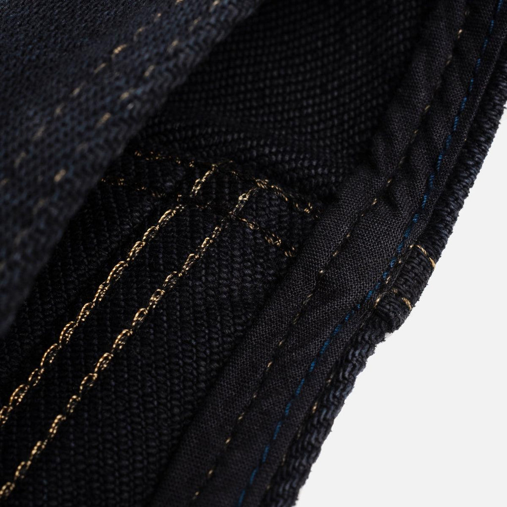 Image showing the IH-526SVod - 21oz Selvedge Denim Modified Type III Vest Overdyed Black which is a Vests described by the following info IHSALE_M23, Iron Heart, Released, Tops, Vests and sold on the IRON HEART GERMANY online store