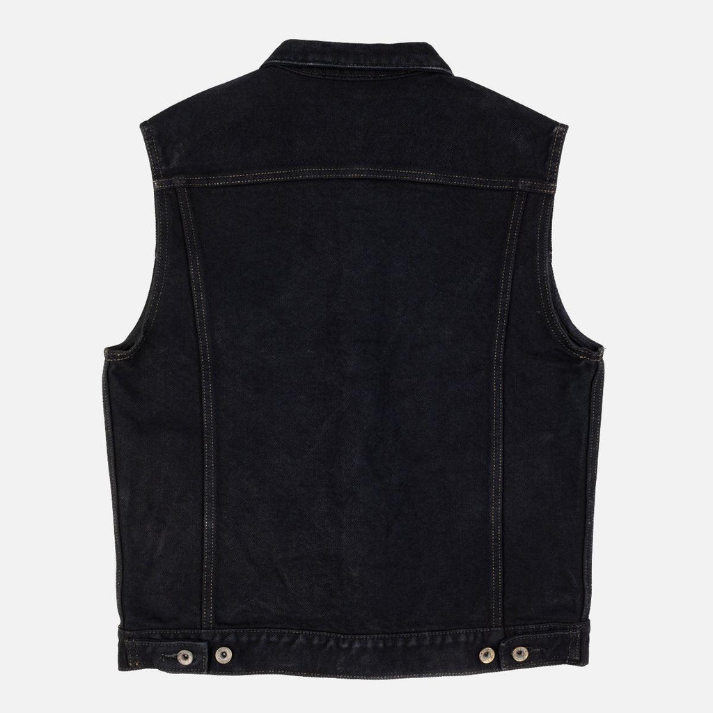 Image showing the IH-526SVod - 21oz Selvedge Denim Modified Type III Vest Overdyed Black which is a Vests described by the following info IHSALE_M23, Iron Heart, Released, Tops, Vests and sold on the IRON HEART GERMANY online store