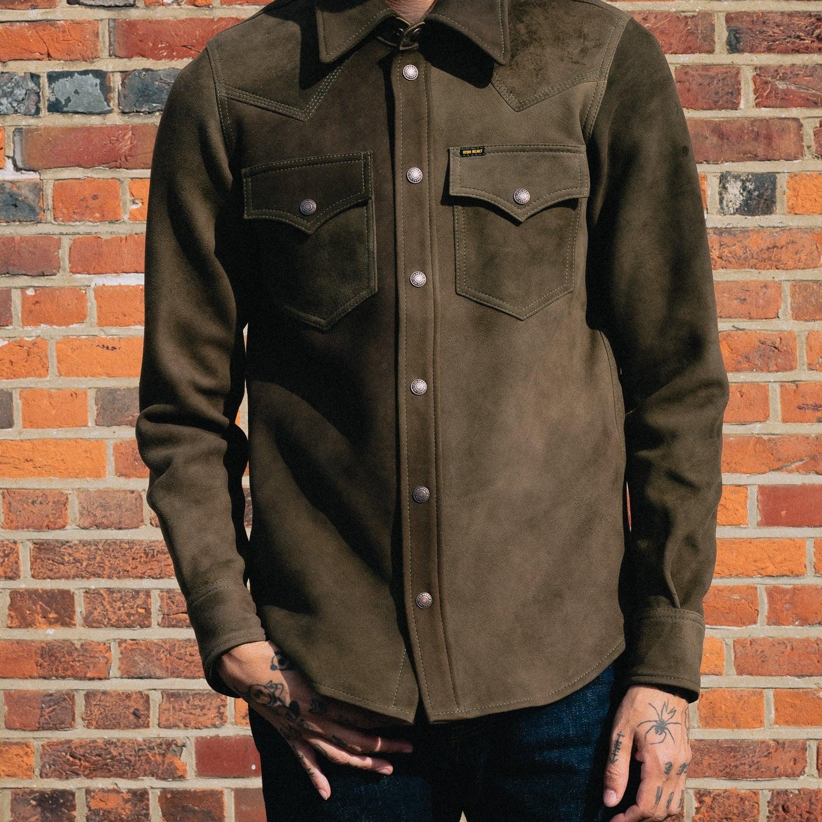 Image showing the IHSB-BIGBUCK-OLV - Deerskin Western Shirt 'The Big Buck' - Olive which is a Shirts described by the following info Iron Heart, Released, Shirts, Tops and sold on the IRON HEART GERMANY online store