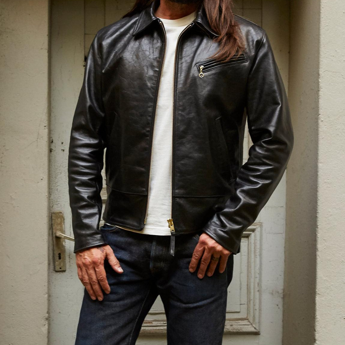 HO-BLK - Simmons Bilt "MAVERICK" Horween Horsehide Jacket - Black which is a LEATHER JACKETS described by the following info Bargain, Jackets, LEATHER JACKETS, SIMMONS BILT and sold on the IRON HEART GERMANY online store