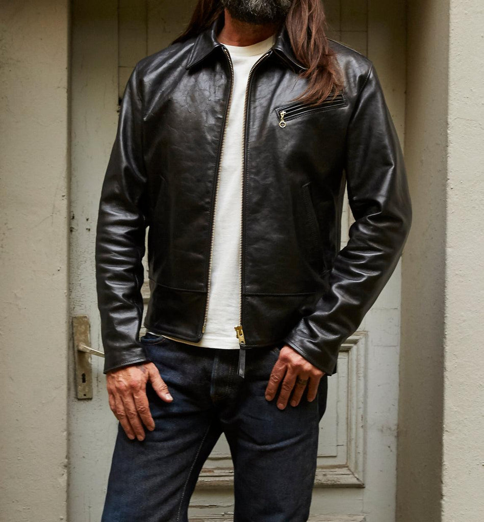 Image showing the SB-MV-ME/HO-BLK - Simmons Bilt "MAVERICK" Horween Horsehide Jacket - Black which is a LEATHER JACKETS described by the following info Bargain, Jackets, LEATHER JACKETS, SIMMONS BILT and sold on the IRON HEART GERMANY online store
