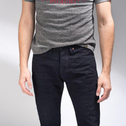 Image showing the IH-555S-142ib - 14oz Selvedge Denim Super Slim Cut Jeans Indigo/Black which is a Jeans described by the following info 555, Bottoms, Iron Heart, Jeans, Released, Slim and sold on the IRON HEART GERMANY online store