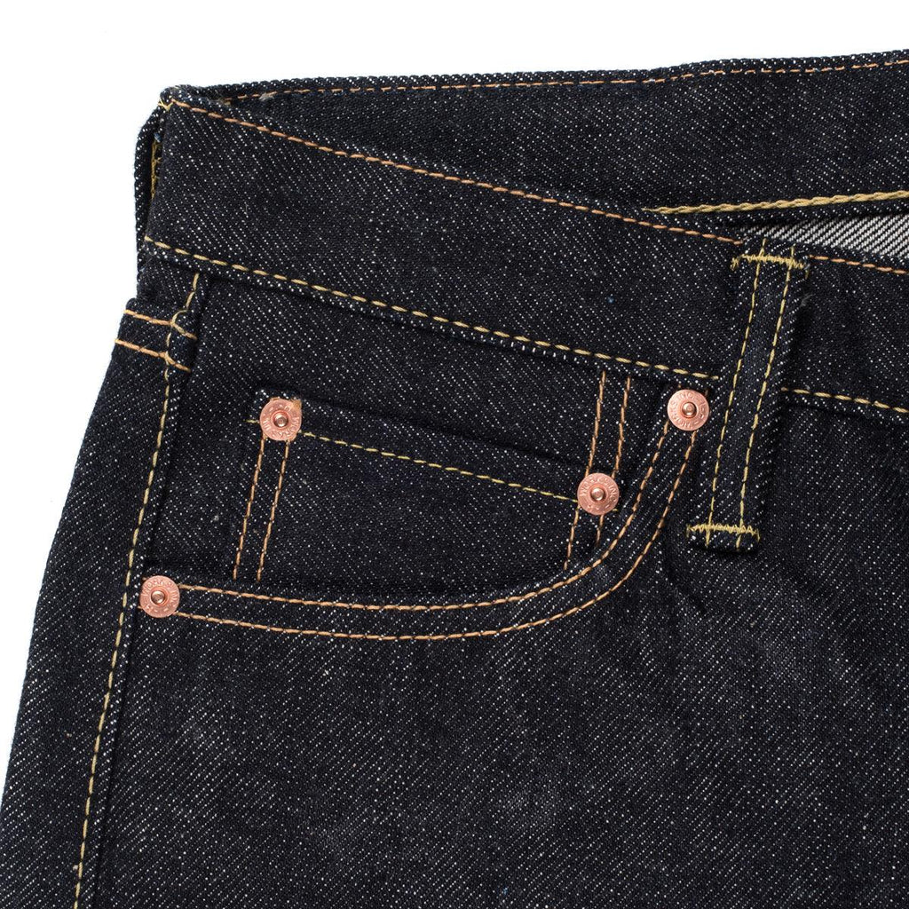 Image showing the IH-666S-21 - 21oz Selvedge Denim Slim Straight Cut Jeans Indigo which is a Jeans described by the following info 666, Back In, Bottoms, Iron Heart, Jeans, Released, Slim, Straight and sold on the IRON HEART GERMANY online store
