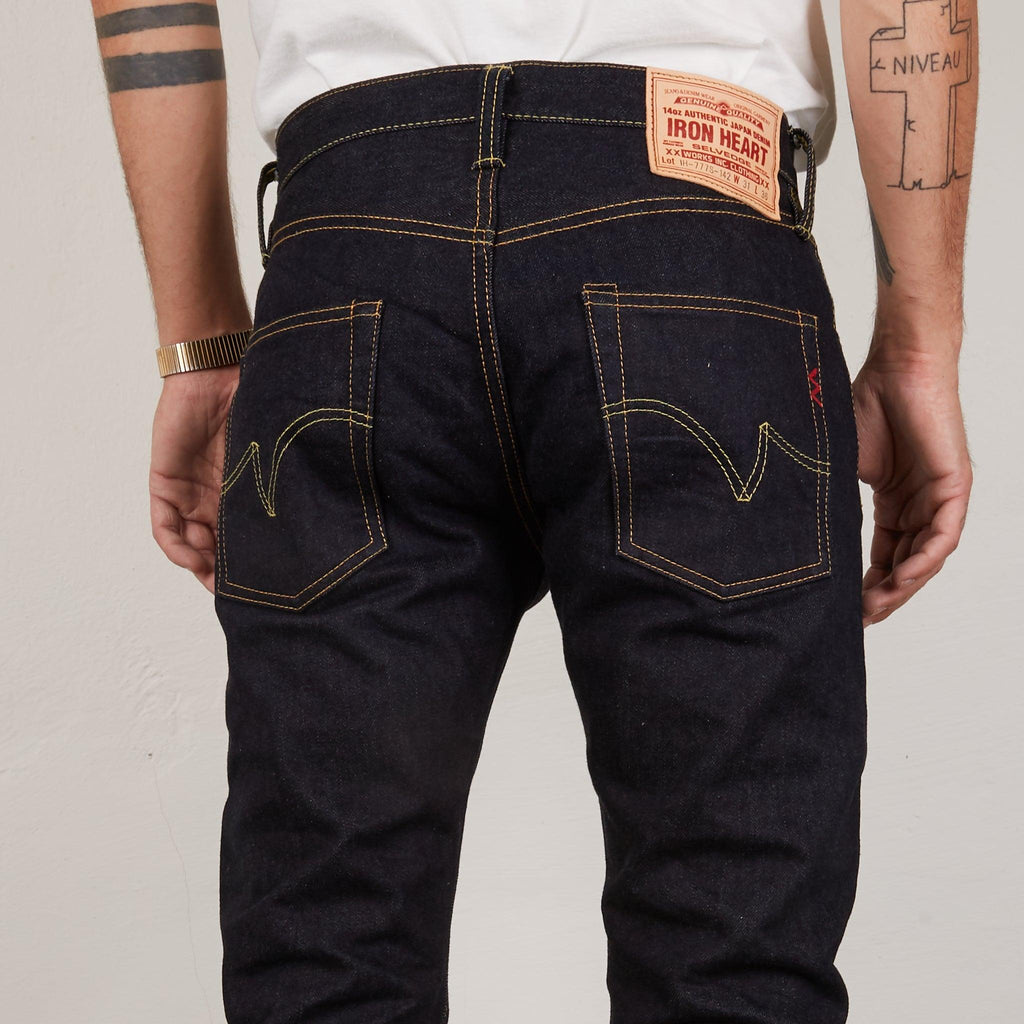Image showing the IH-777S-142 - 14oz Selvedge Denim Slim Tapered Jeans - Indigo which is a Jeans described by the following info 777, Bottoms, Iron Heart, Jeans, Released, Tappered and sold on the IRON HEART GERMANY online store