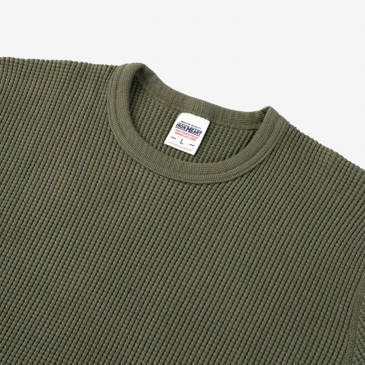 Image showing the IHTL-1301-OLV - Waffle Knit Long Sleeved Crew Neck Olive which is a T-Shirts described by the following info Back In, IHSALE_M23, Iron Heart, Released, T-Shirts, Tops and sold on the IRON HEART GERMANY online store