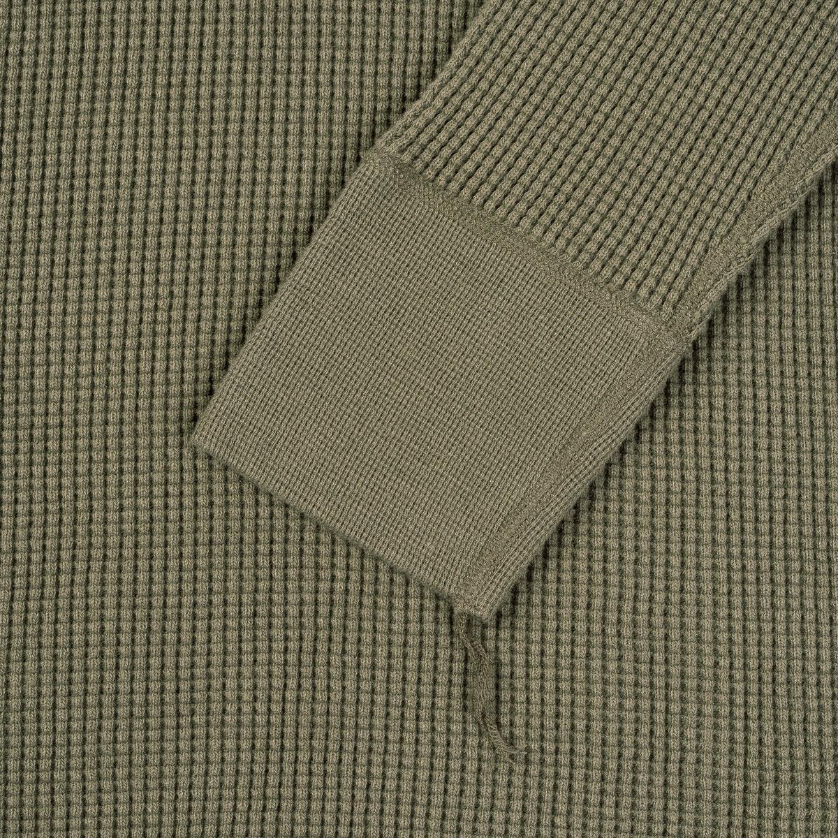 Image showing the IHTL-1301-OLV - Waffle Knit Long Sleeved Crew Neck Olive which is a T-Shirts described by the following info Back In, IHSALE_M23, Iron Heart, Released, T-Shirts, Tops and sold on the IRON HEART GERMANY online store
