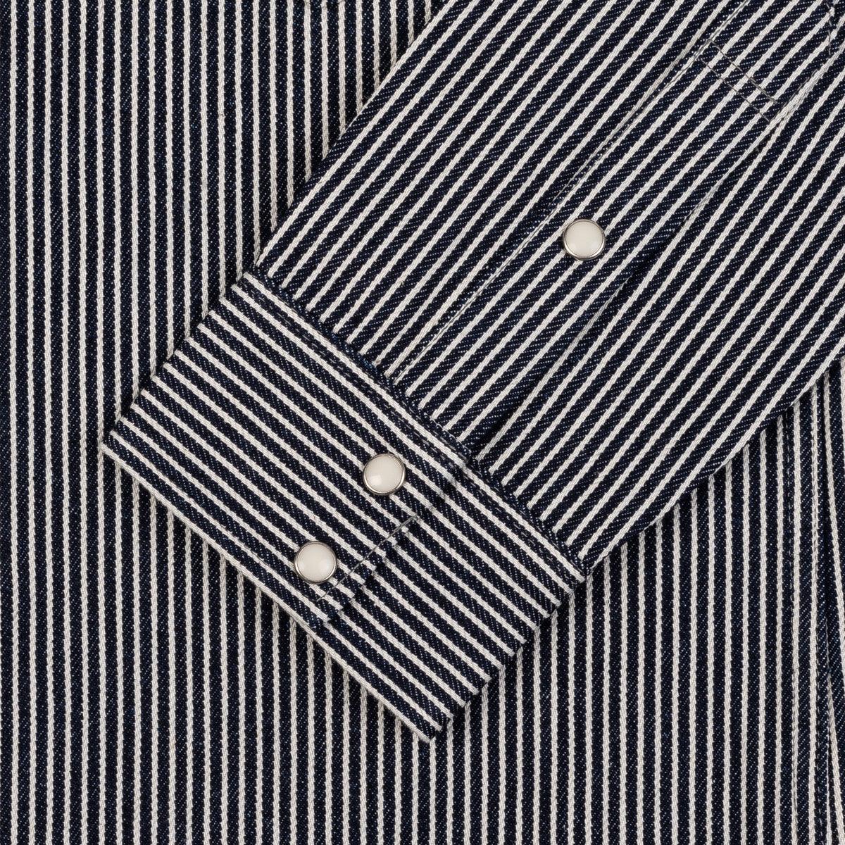 Image showing the IHSH-07-IND - 12oz Hickory Stripe Western Shirt Indigo which is a Shirts described by the following info IHSALE_M23, Iron Heart, Released, Shirts, Tops and sold on the IRON HEART GERMANY online store
