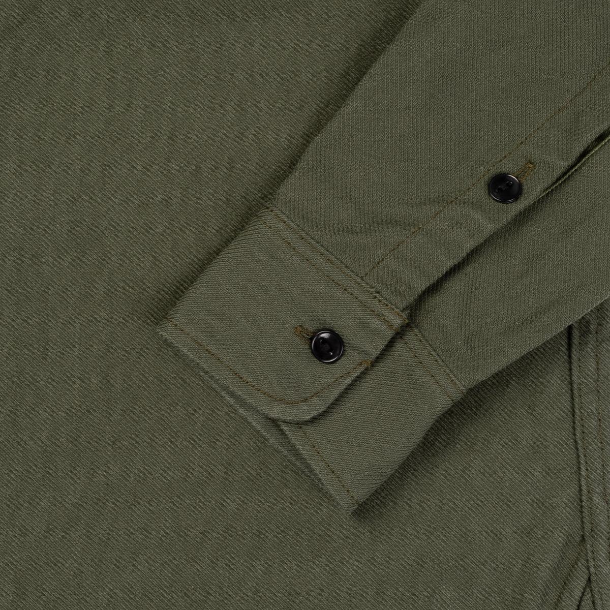 Image showing the IHSH-307-OLV - 13oz Military Serge Work Shirt Olive which is a Shirts described by the following info IHSALE_M23, Iron Heart, Released, Shirts, Tops and sold on the IRON HEART GERMANY online store