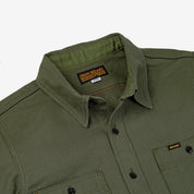 Image showing the IHSH-307-OLV - 13oz Military Serge Work Shirt Olive which is a Shirts described by the following info IHSALE_M23, Iron Heart, Released, Shirts, Tops and sold on the IRON HEART GERMANY online store