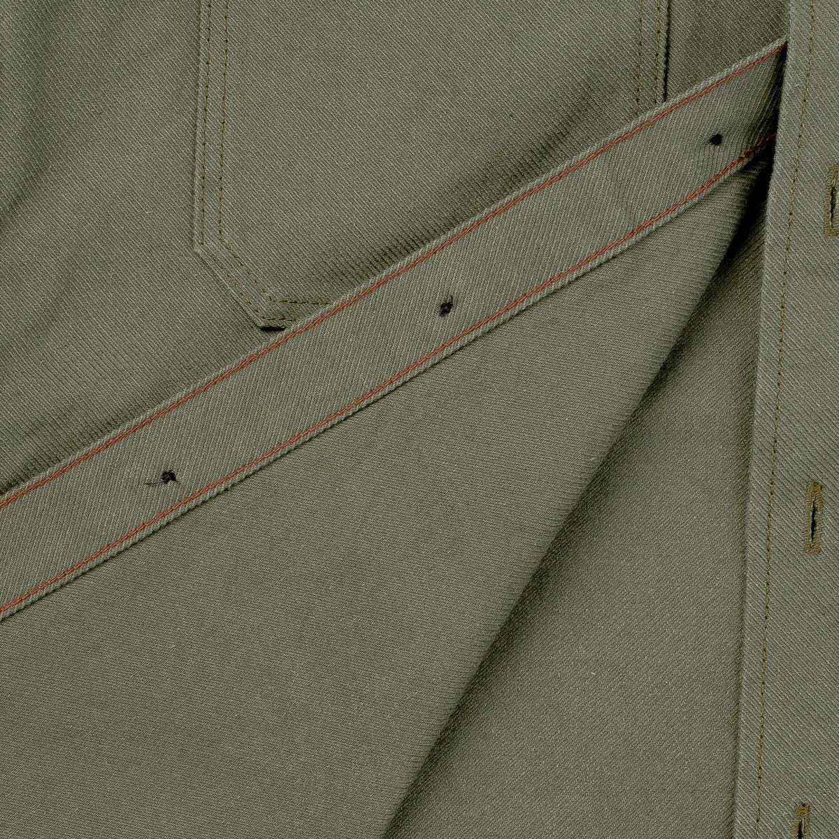 Image showing the IHSH-307-OLV - 13oz Military Serge Work Shirt Olive which is a Shirts described by the following info IHSALE_M23, Iron Heart, Released, Shirts, Tops and sold on the IRON HEART GERMANY online store