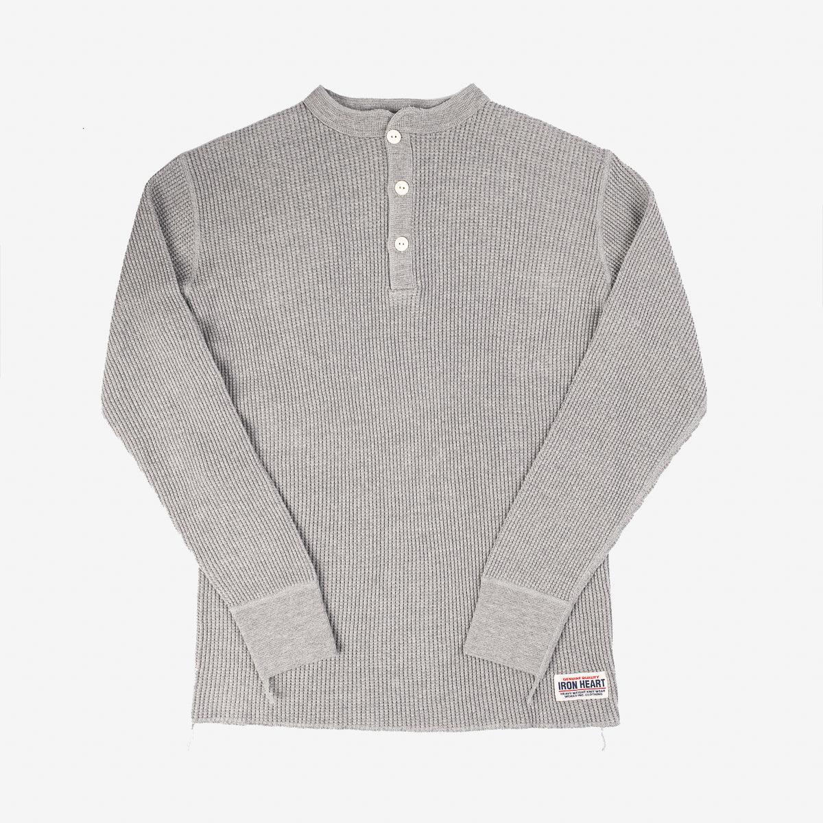 Image showing the IHTL-1213-GRY - Waffle Knit Long Sleeved Thermal Henley Grey which is a T-Shirts described by the following info Back In, Iron Heart, Released, T-Shirts, Tops and sold on the IRON HEART GERMANY online store