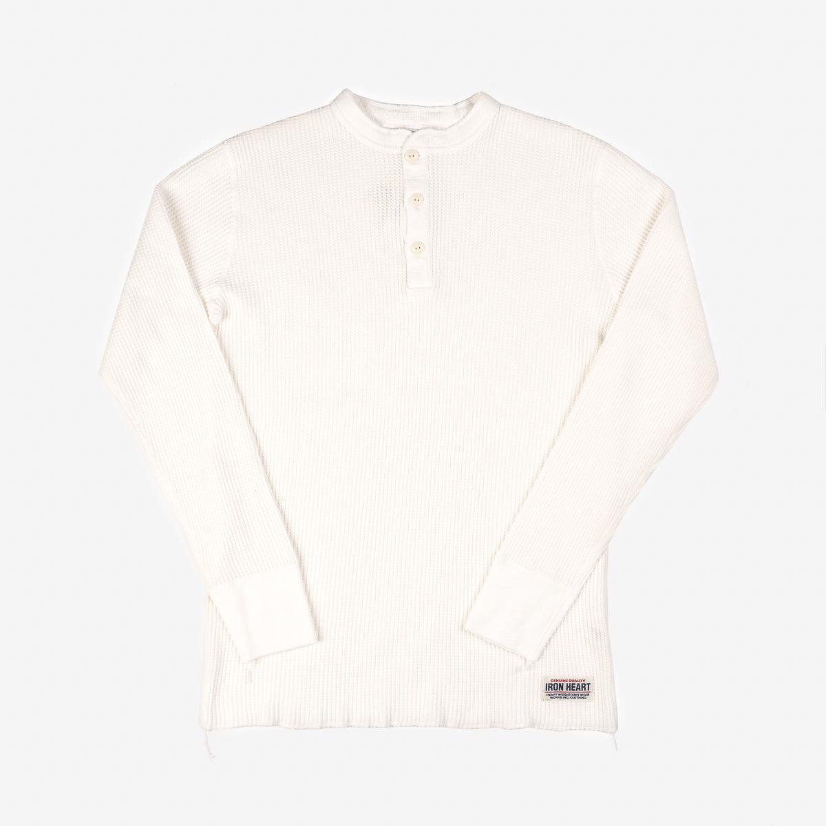 Image showing the IHTL-1213-WHT - Waffle Knit Long Sleeved Thermal Henley White which is a T-Shirts described by the following info Back In, Iron Heart, Released, T-Shirts, Tops and sold on the IRON HEART GERMANY online store