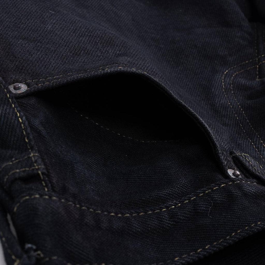 Image showing the IH-634S-B - 21oz Selvedge Denim Straight Cut Jeans - Indigo Overdyed Black which is a Jeans described by the following info 634, Bottoms, IHSALE, IHSALE_M23, Iron Heart, Jeans, Released, Straight and sold on the IRON HEART GERMANY online store