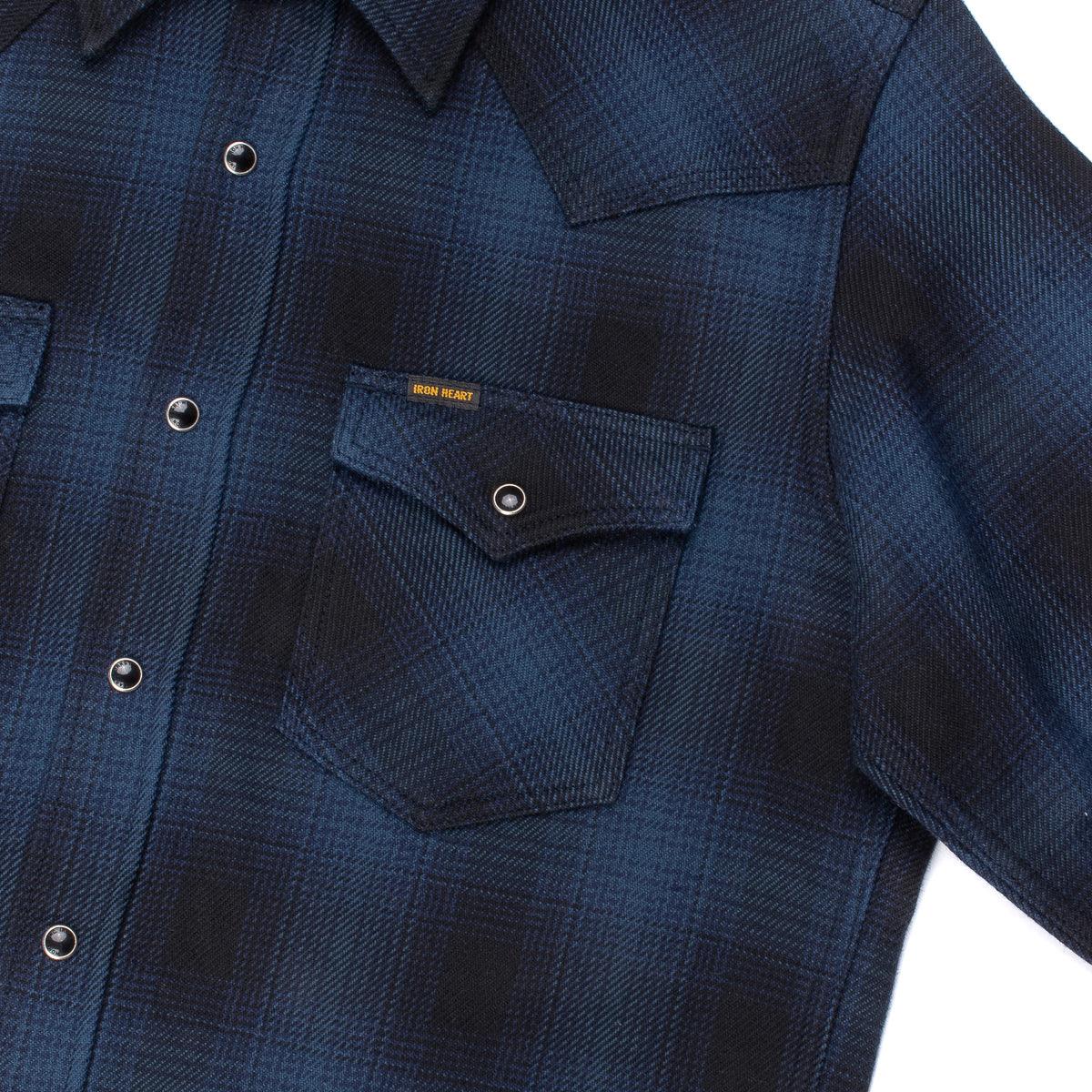 Image showing the IHSH-264 - Flannel Ombré Check Western Shirt Navy/Black which is a Shirts described by the following info IHSALE, Iron Heart, Released, Shirts, Tops and sold on the IRON HEART GERMANY online store