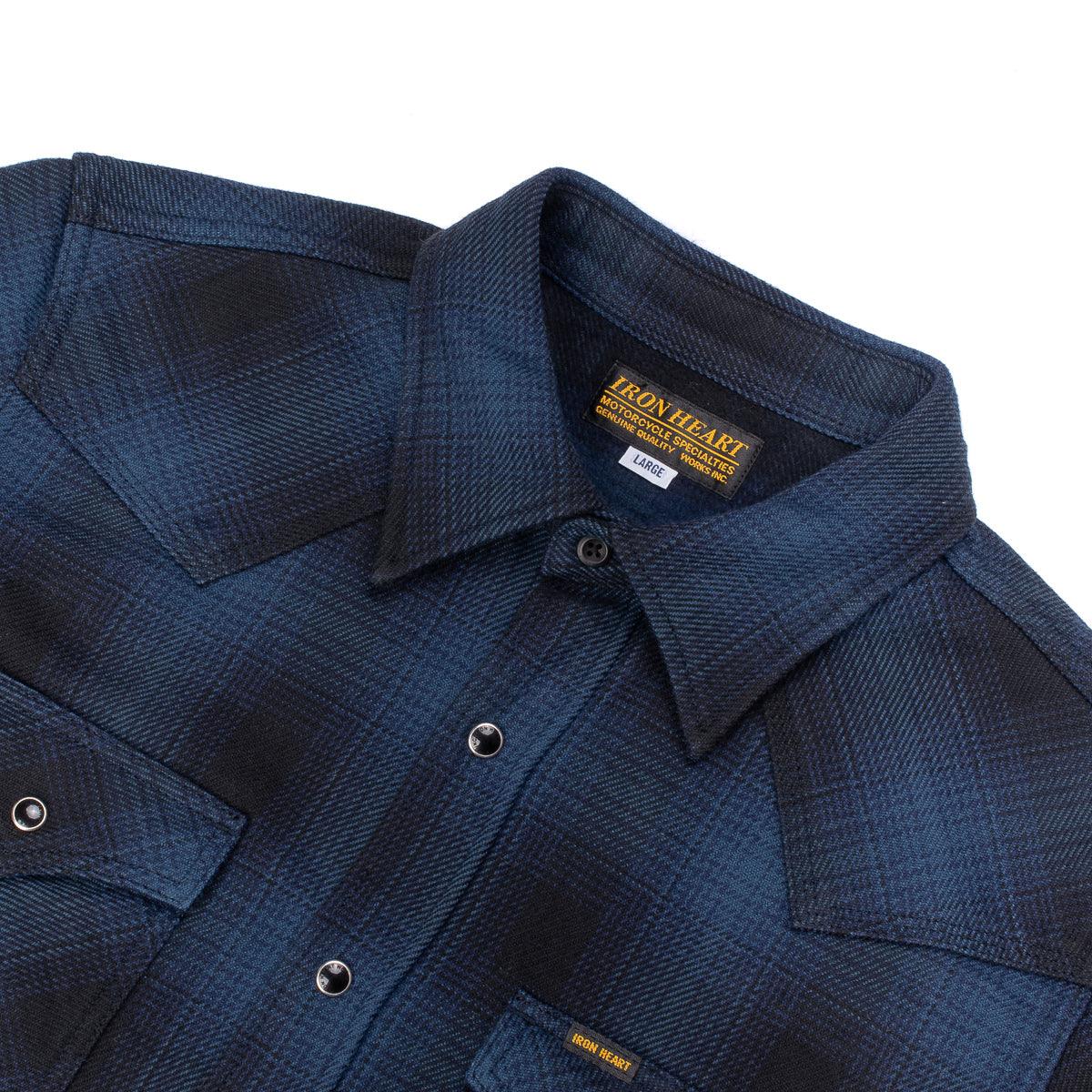 Image showing the IHSH-264 - Flannel Ombré Check Western Shirt Navy/Black which is a Shirts described by the following info IHSALE, Iron Heart, Released, Shirts, Tops and sold on the IRON HEART GERMANY online store