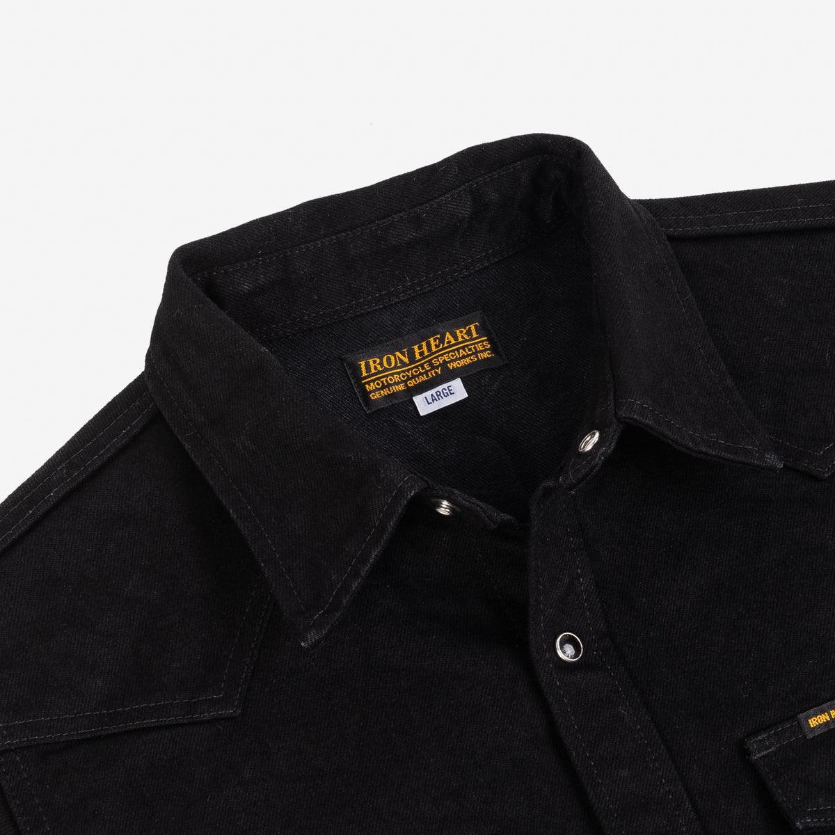 Image showing the IHSH-295-BB - 14oz Selvedge Denim Western Shirt Black/Black which is a Shirts described by the following info Back In, Iron Heart, Released, Shirts, Tops and sold on the IRON HEART GERMANY online store