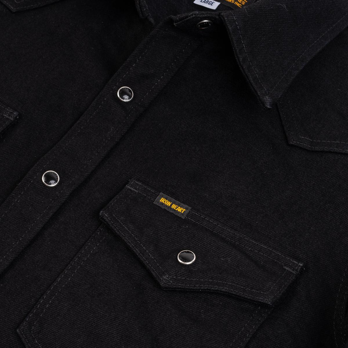 Image showing the IHSH-295-BB - 14oz Selvedge Denim Western Shirt Black/Black which is a Shirts described by the following info Back In, Iron Heart, Released, Shirts, Tops and sold on the IRON HEART GERMANY online store