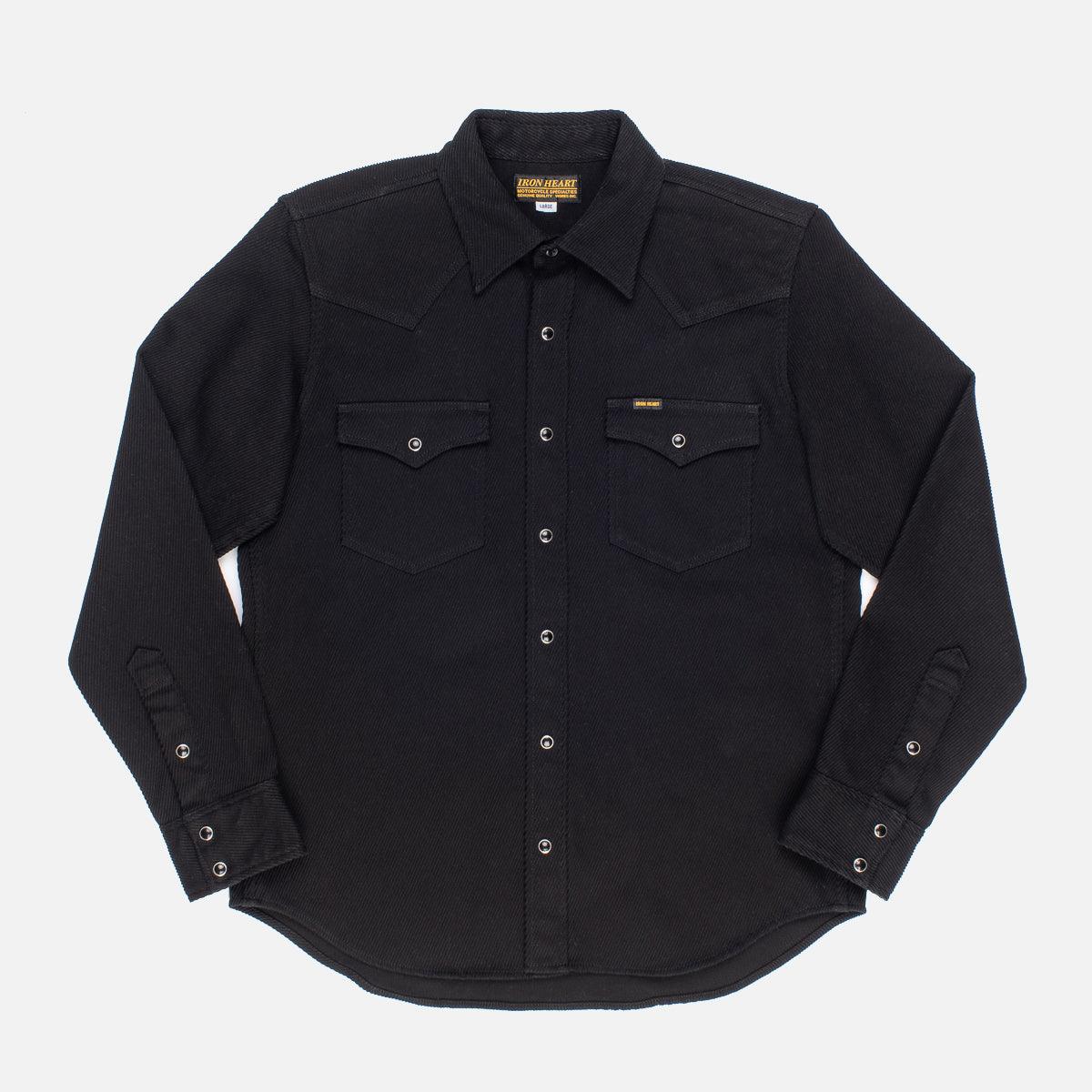 Image showing the IHSH-234 - Heavy Kersey Western Shirt Black which is a Shirts described by the following info IHSALE, Iron Heart, Released, Shirts, Tops and sold on the IRON HEART GERMANY online store