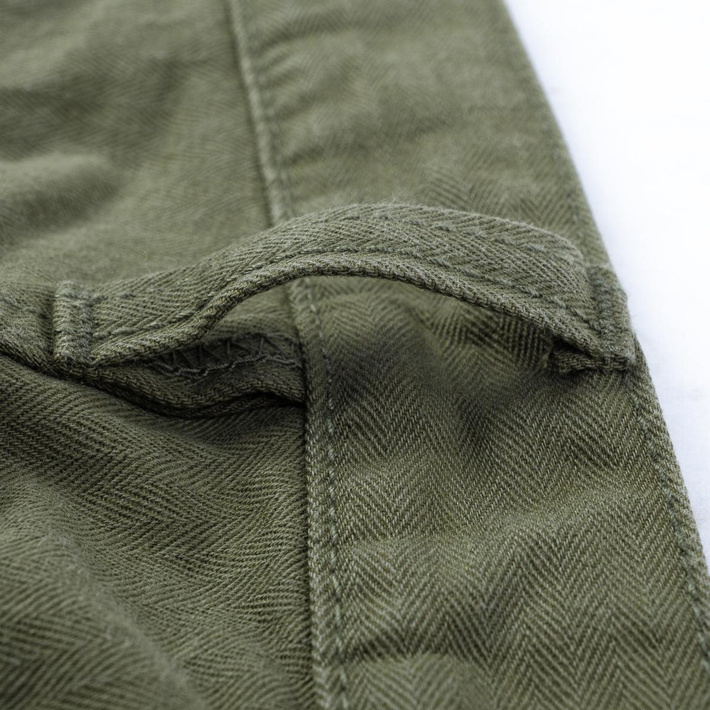 Image showing the IH-735-ODG - 11oz Herringbone Work Pants - Olive Drab Green which is a Trousers described by the following info Bottoms, Iron Heart, Released, Trousers and sold on the IRON HEART GERMANY online store