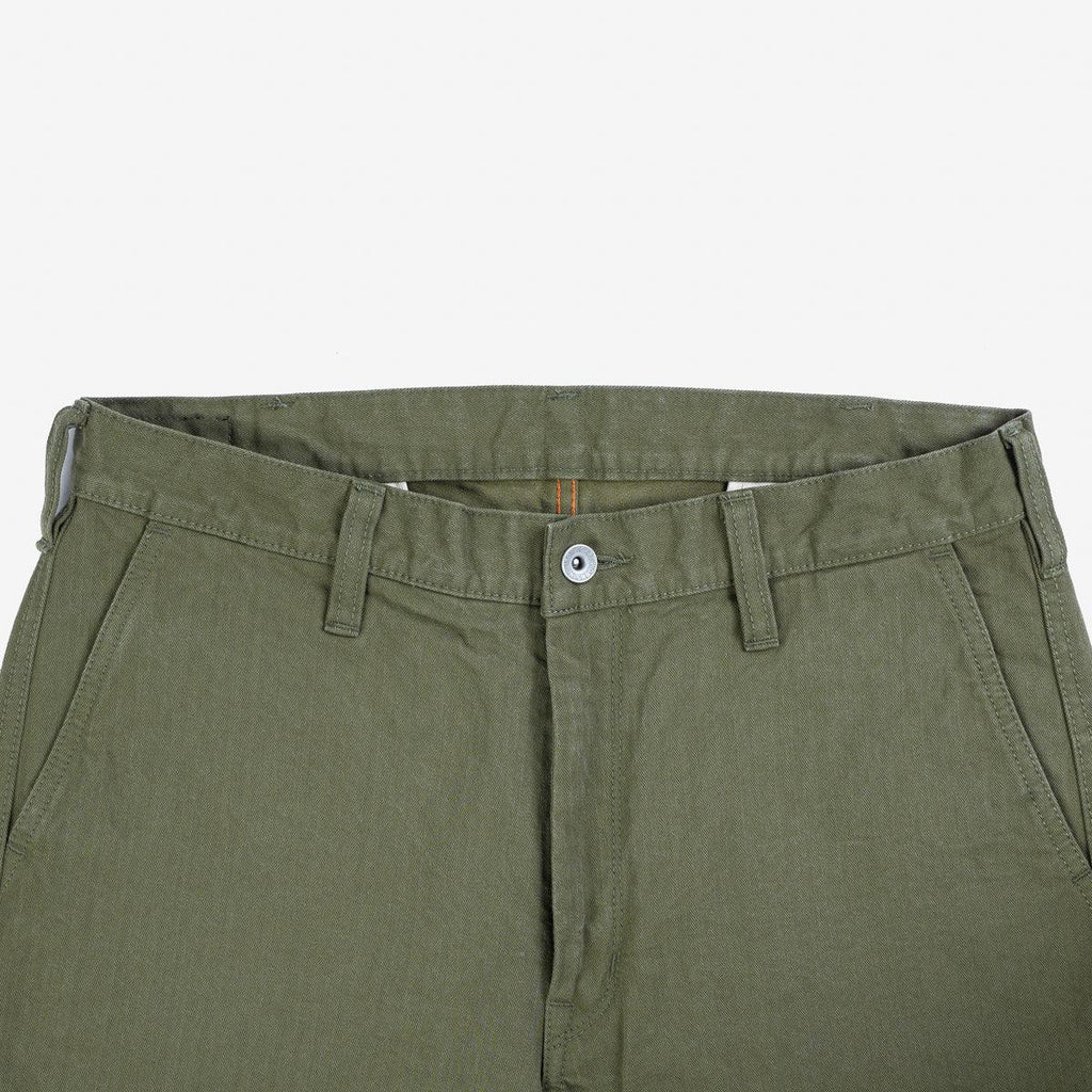 Image showing the IH-735-ODG - 11oz Herringbone Work Pants - Olive Drab Green which is a Trousers described by the following info Bottoms, Iron Heart, Released, Trousers and sold on the IRON HEART GERMANY online store