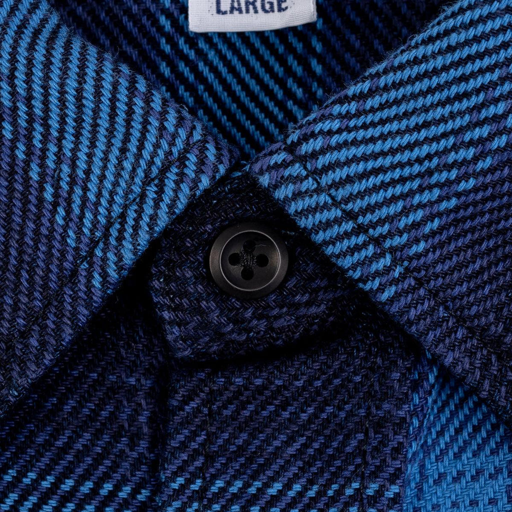 Image showing the IHSH-348-IND - 9oz Selvedge Ombré Check Western Shirt - Indigo which is a Shirts described by the following info Iron Heart, Released, Shirts, Tops and sold on the IRON HEART GERMANY online store