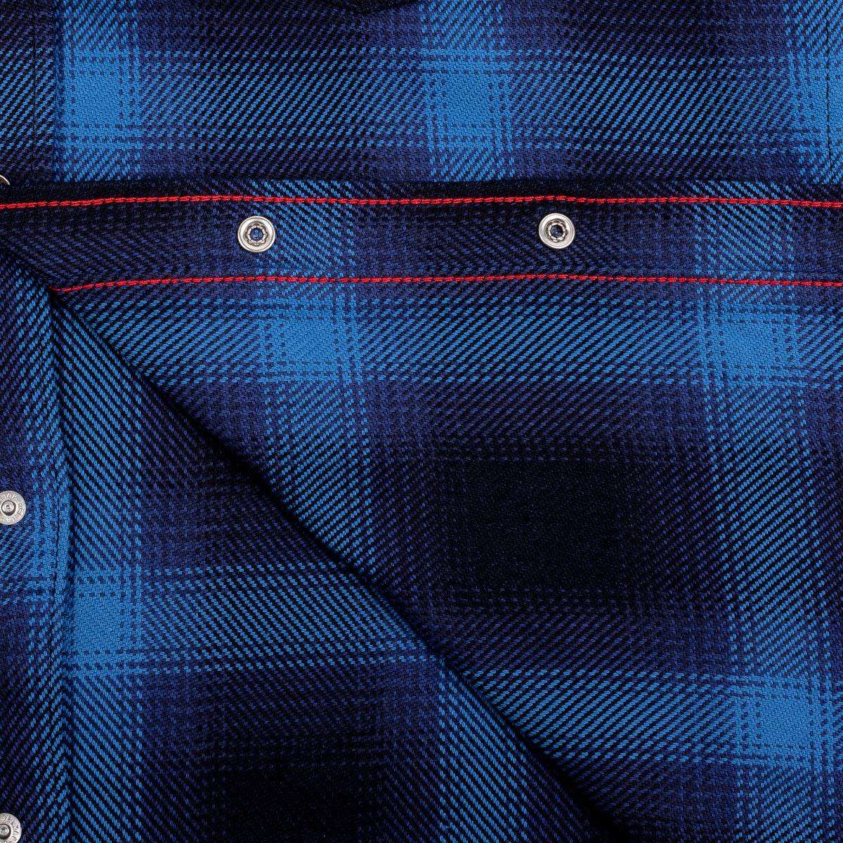 Image showing the IHSH-348-IND - 9oz Selvedge Ombré Check Western Shirt - Indigo which is a Shirts described by the following info Iron Heart, Released, Shirts, Tops and sold on the IRON HEART GERMANY online store