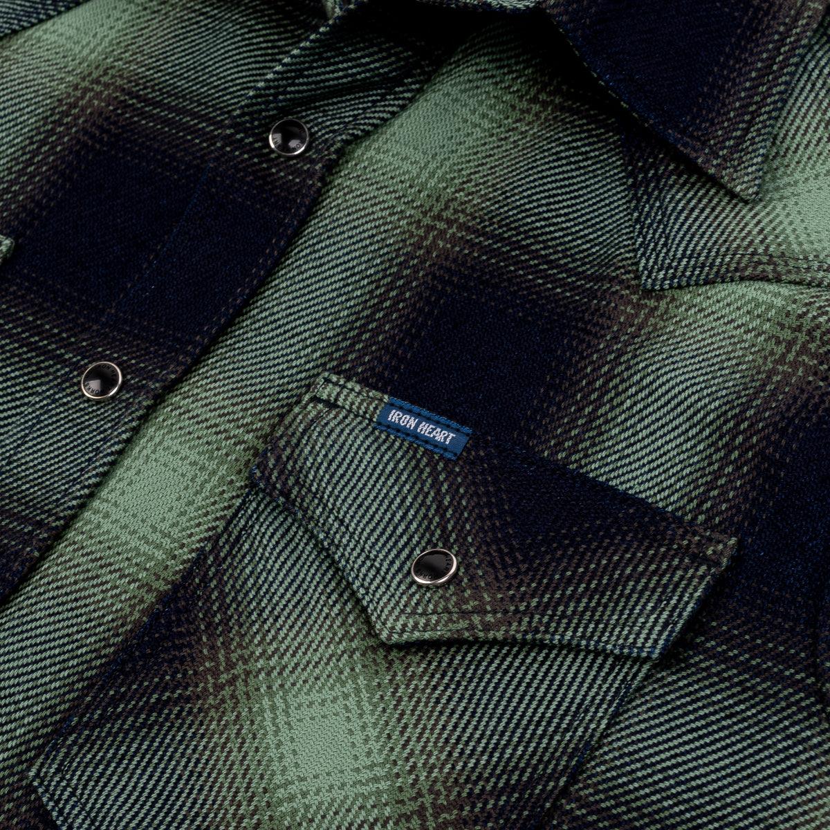 IHSH-348-GRN - 9oz Selvedge Ombré Check Western Shirt - Green