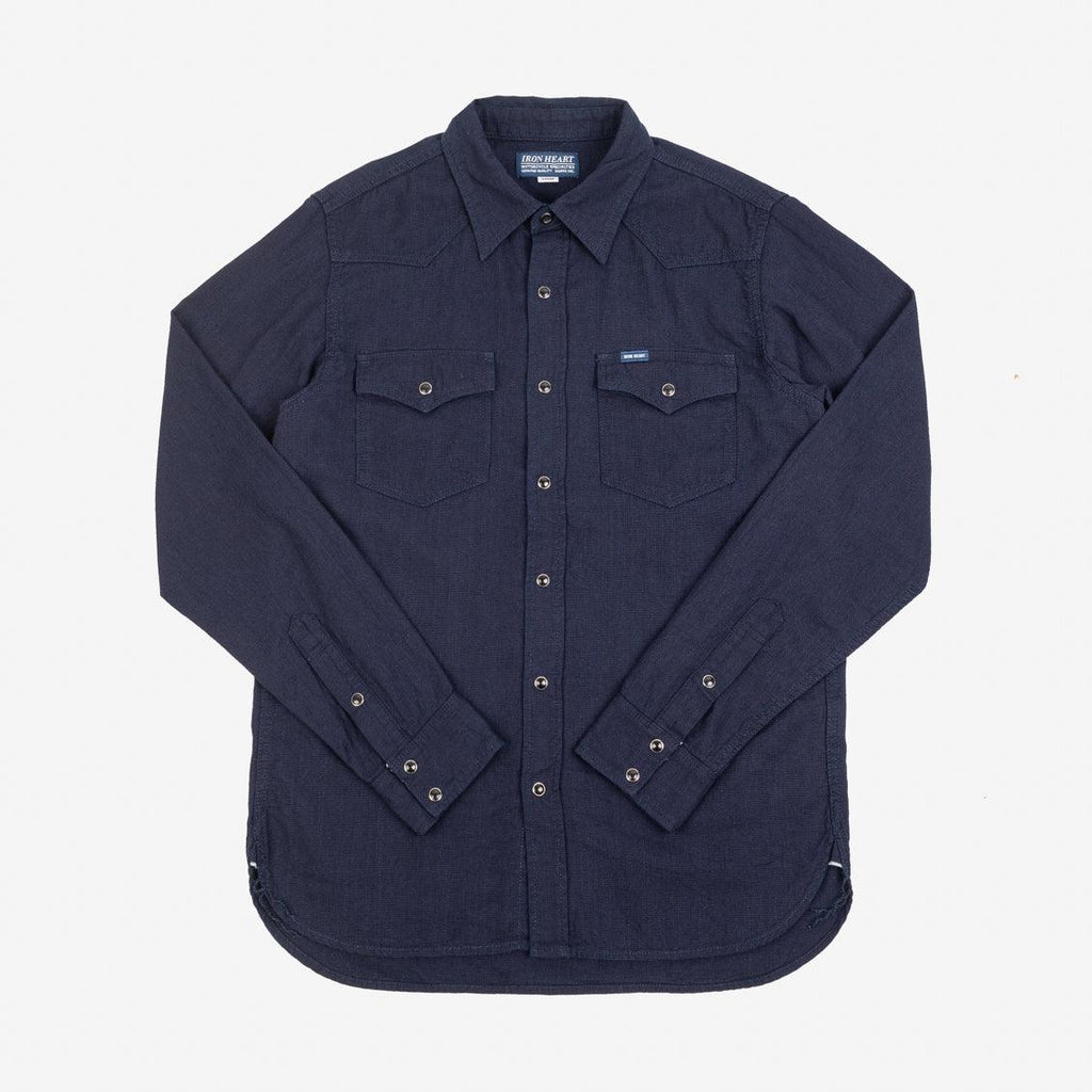 Image showing the IHSH-357-IND - 5oz Dobby Cloth Western Shirt - Indigo which is a Shirts described by the following info Bargain, Iron Heart, Released, Shirts, Tops and sold on the IRON HEART GERMANY online store