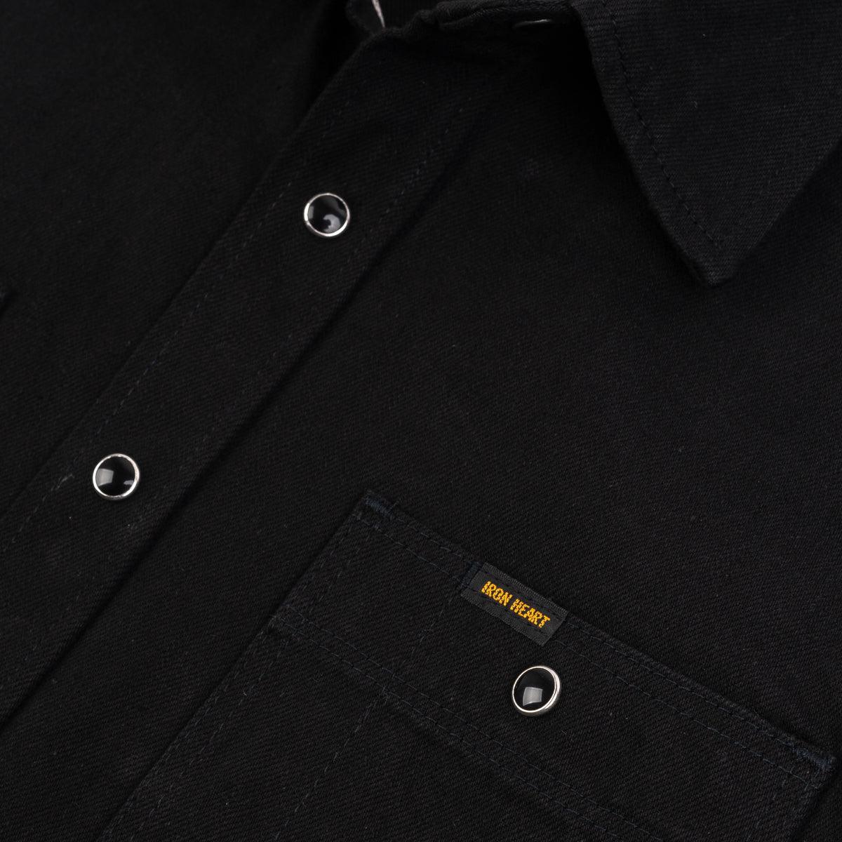 Image showing the IHSH-338-BLK - 12oz Selvedge Denim Work Shirt With Snaps - Black/Black which is a Shirts described by the following info Iron Heart, Released, Shirts, Tops and sold on the IRON HEART GERMANY online store