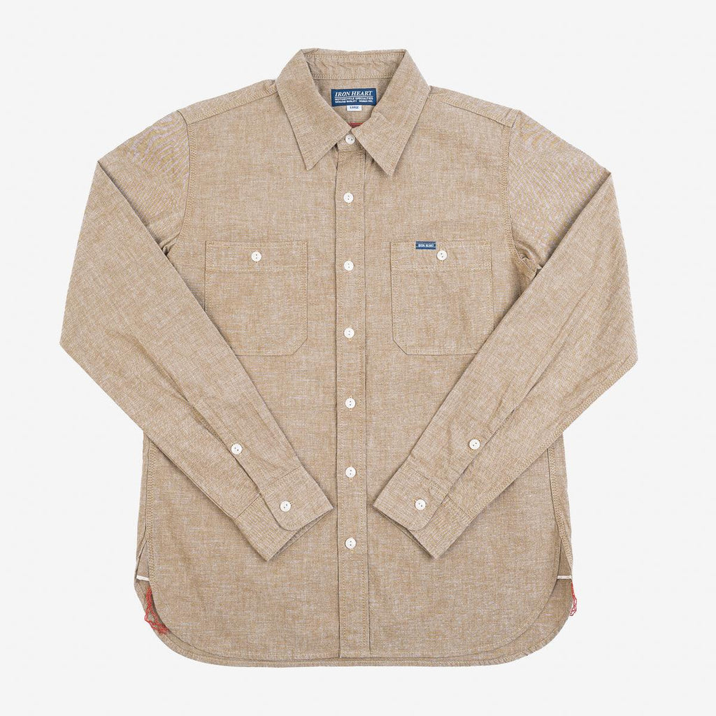 Image showing the IHSH-344-KHA - 10oz Selvedge Chambray Work Shirt Khaki which is a Shirts described by the following info Iron Heart, Released, Shirts, Tops and sold on the IRON HEART GERMANY online store