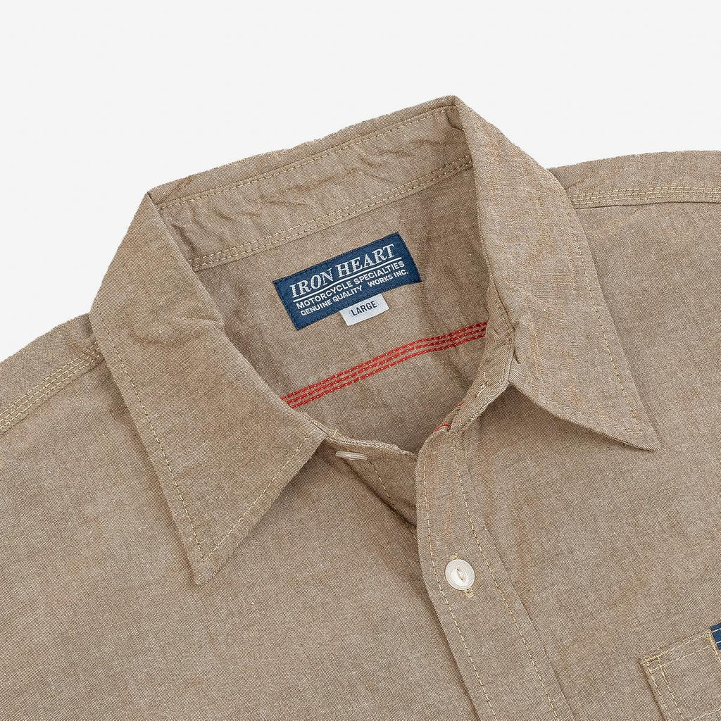 Image showing the IHSH-344-KHA - 10oz Selvedge Chambray Work Shirt Khaki which is a Shirts described by the following info Iron Heart, Released, Shirts, Tops and sold on the IRON HEART GERMANY online store