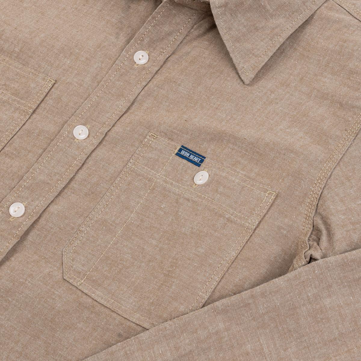 Image showing the IHSH-344-KHA - 10oz Selvedge Chambray Work Shirt Khaki which is a Shirts described by the following info Iron Heart, Released, Shirts, Tops and sold on the IRON HEART GERMANY online store